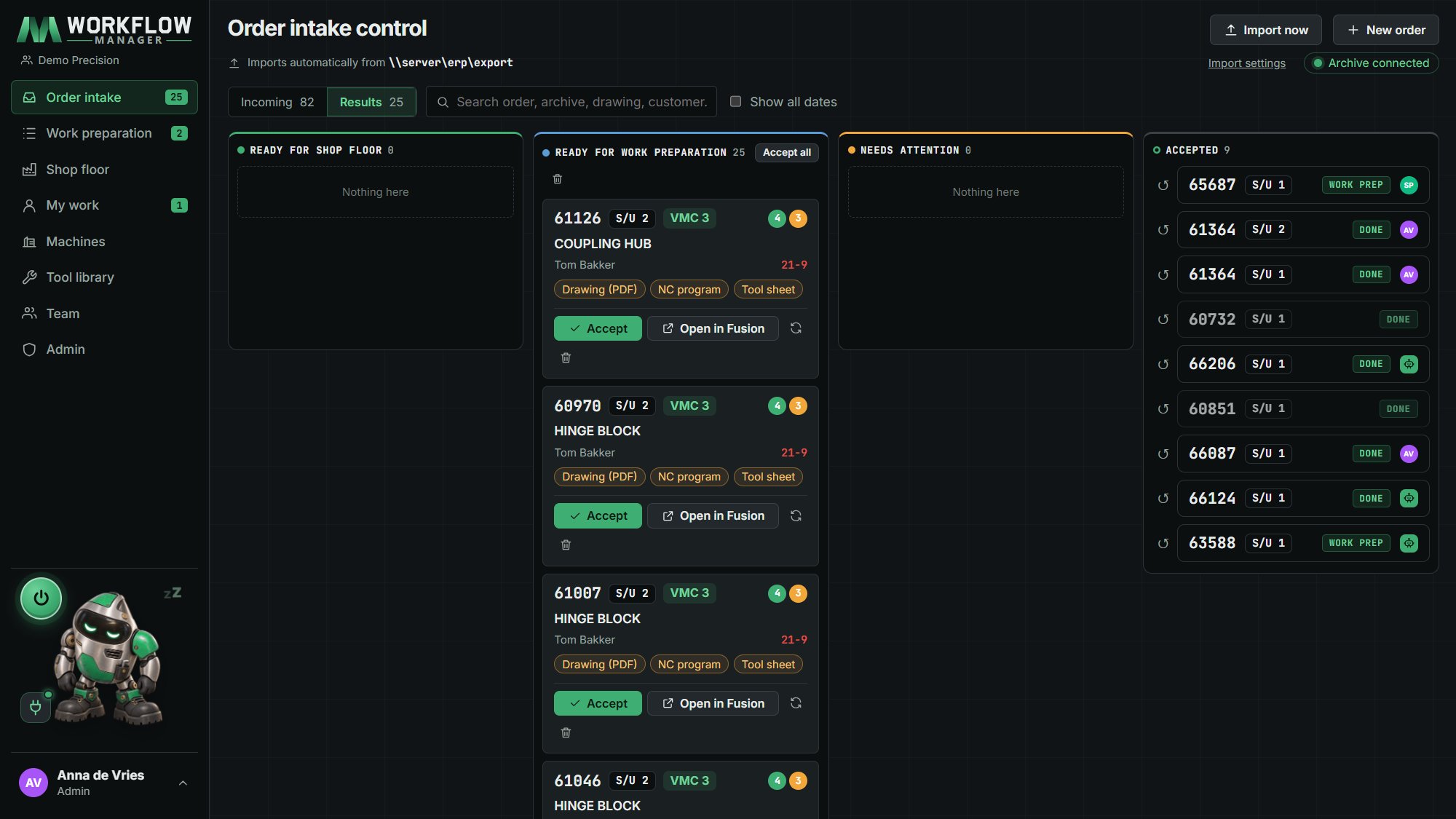 MWorkflow Manager order intake with checked orders