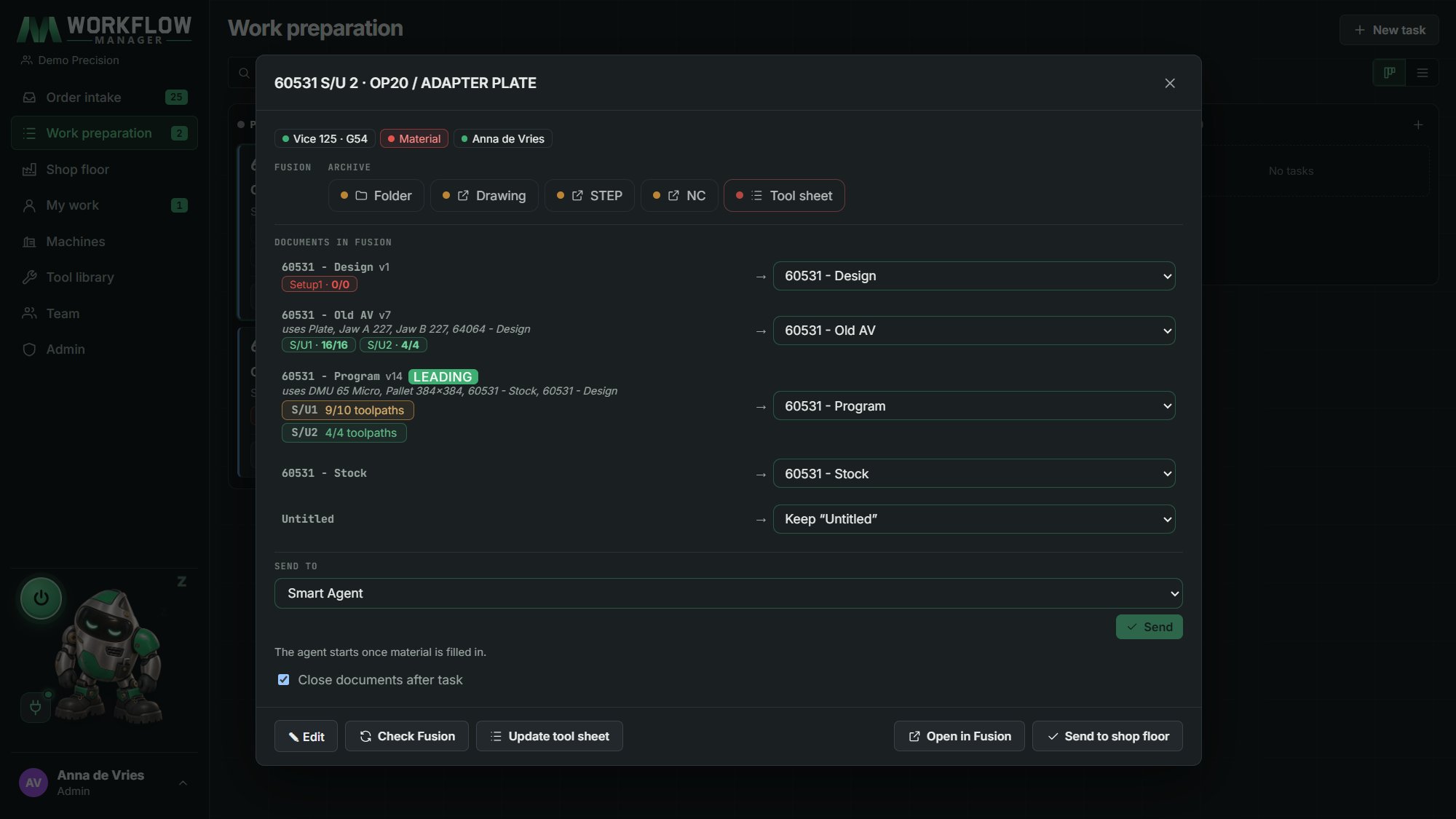 A job with its documents in Fusion, setups, toolpaths and proposed names