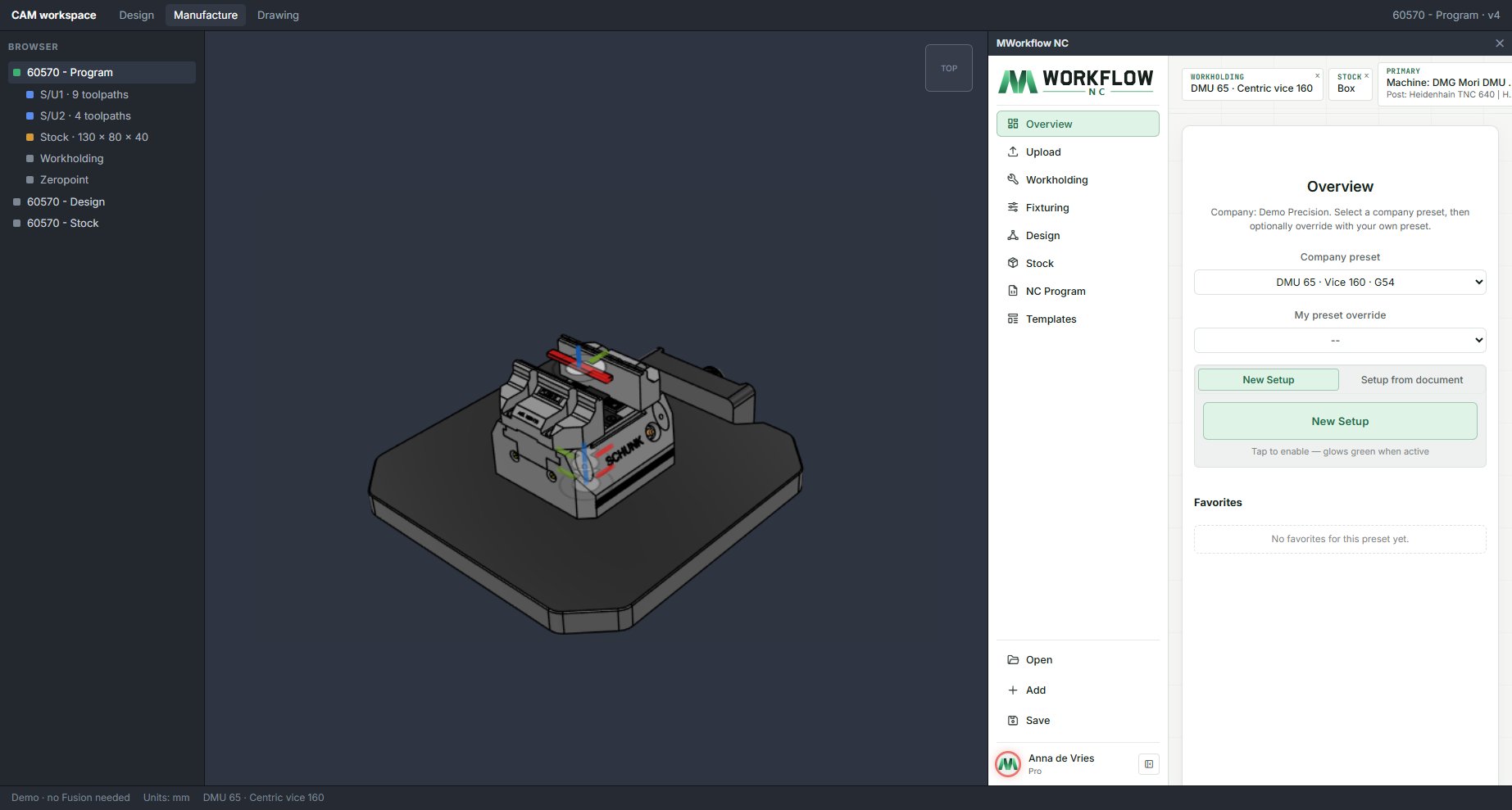 MWorkflow NC in Fusion 360 with a company preset chosen