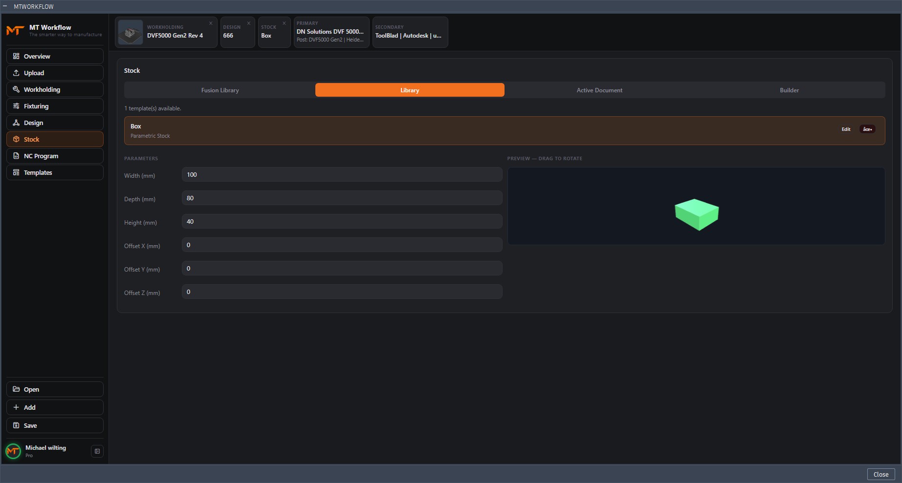 MTWorkflow Stock Builder panel showing parametric stock templates with 3D preview