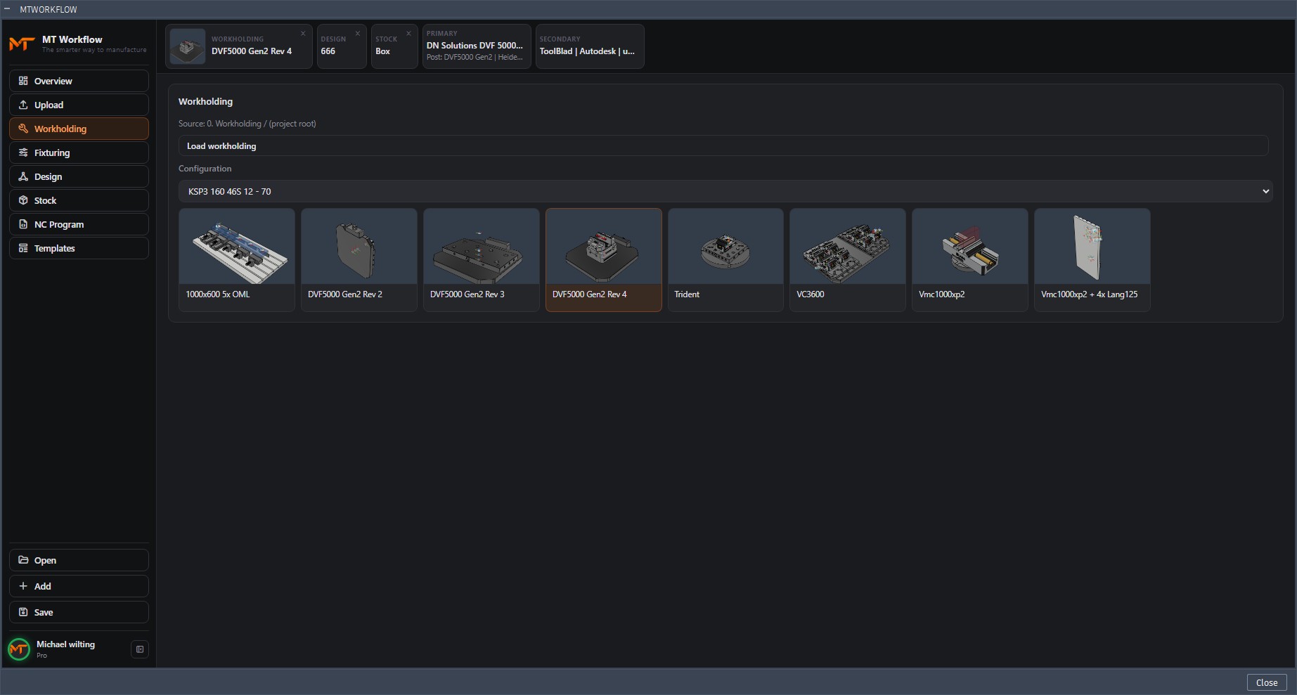 MTWorkflow Workholding Library showing machine fixture thumbnails